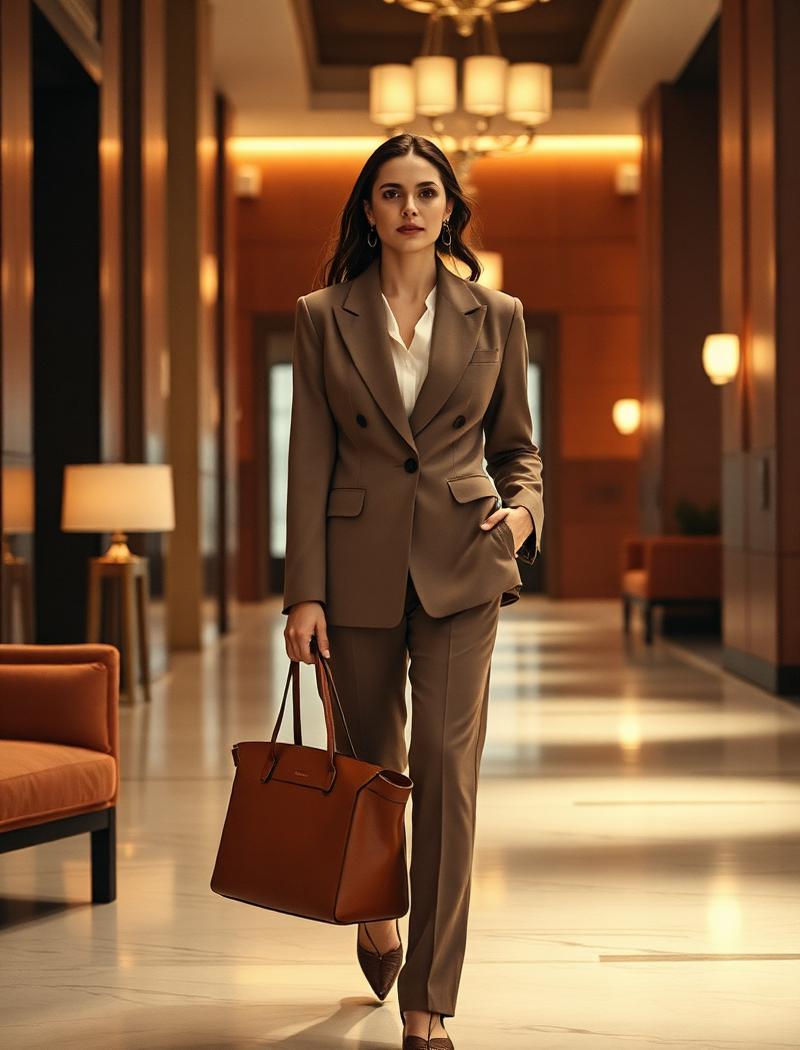 Perempuan berjas taupe membawa tas kulit cognac di lobi hangat